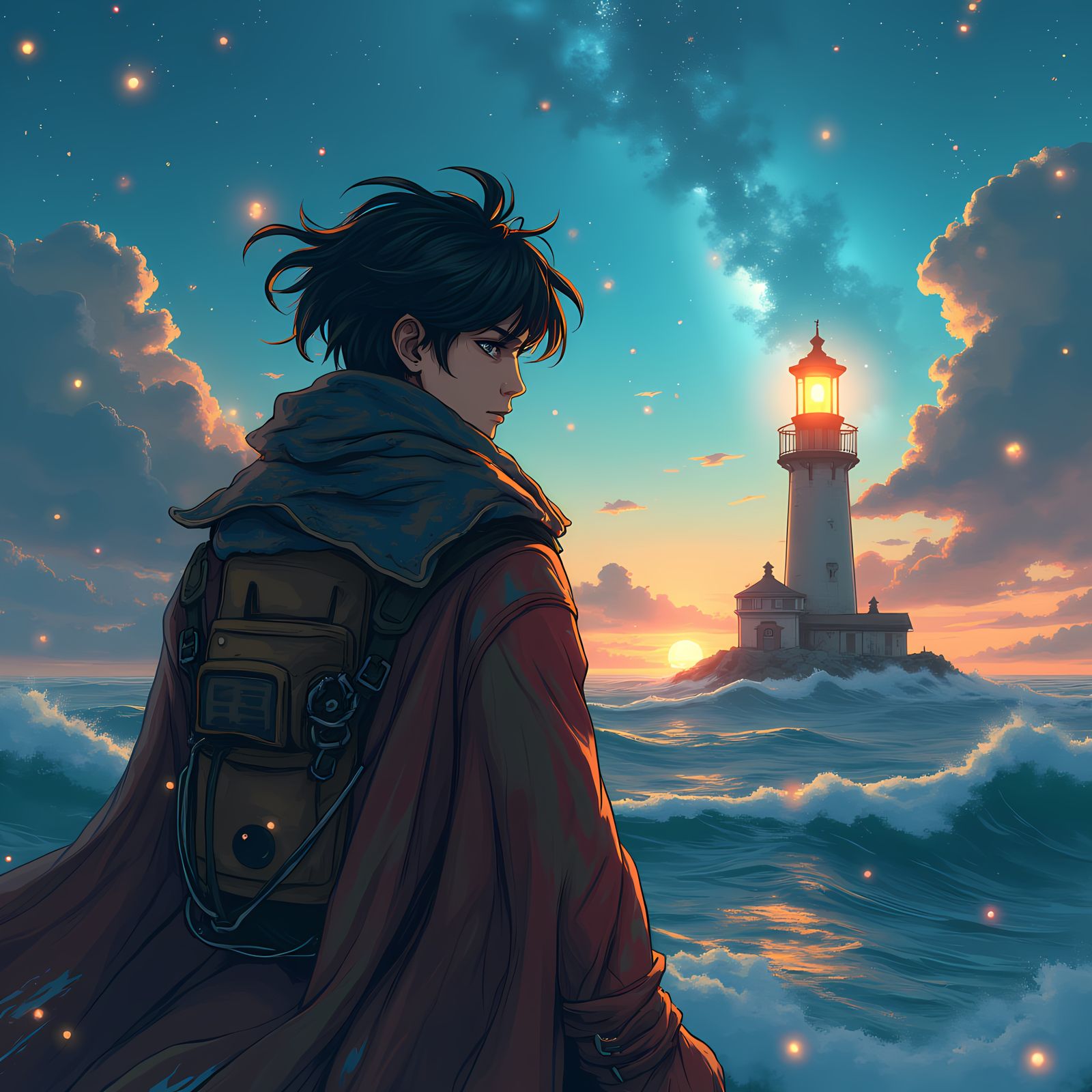 Anime Lighthouse Keeper on Cosmic Sea