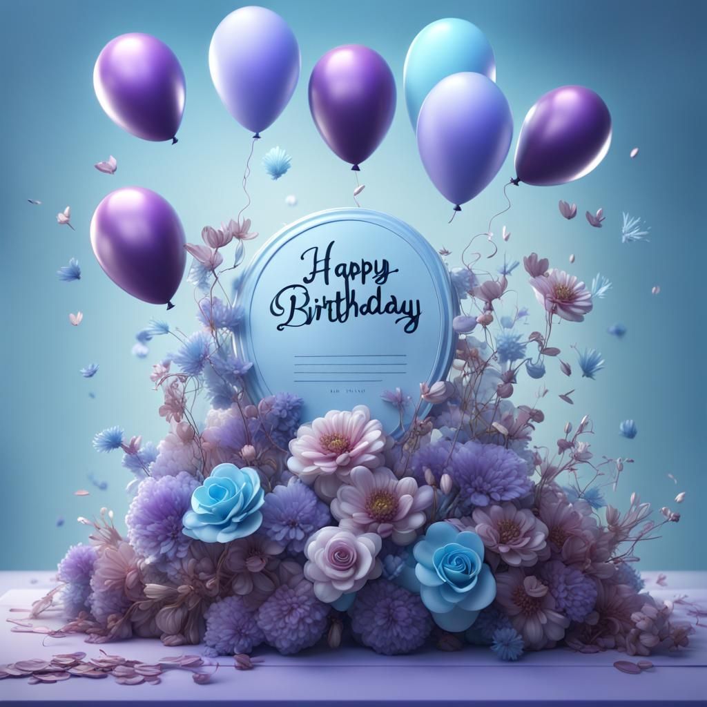 Happy Birthday with Balloons and Flowers, Digital Art