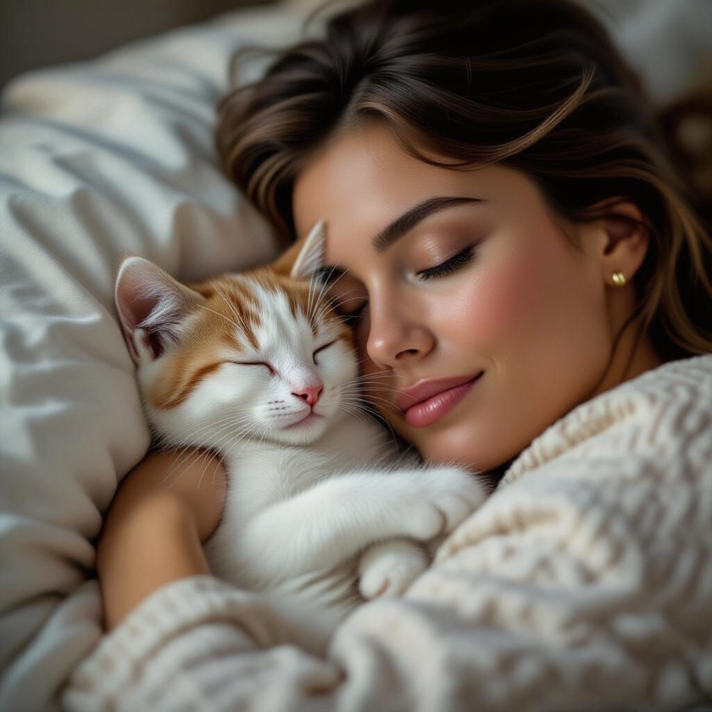 Kitten Snuggles Sleeping Woman's Face Cinematic Film Still