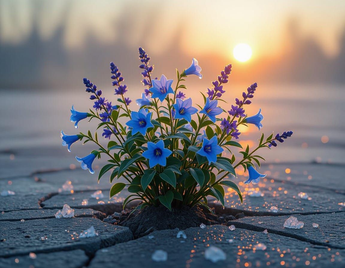 Vibrant Ice Bush with Mixed Flowers in Cracked Concrete