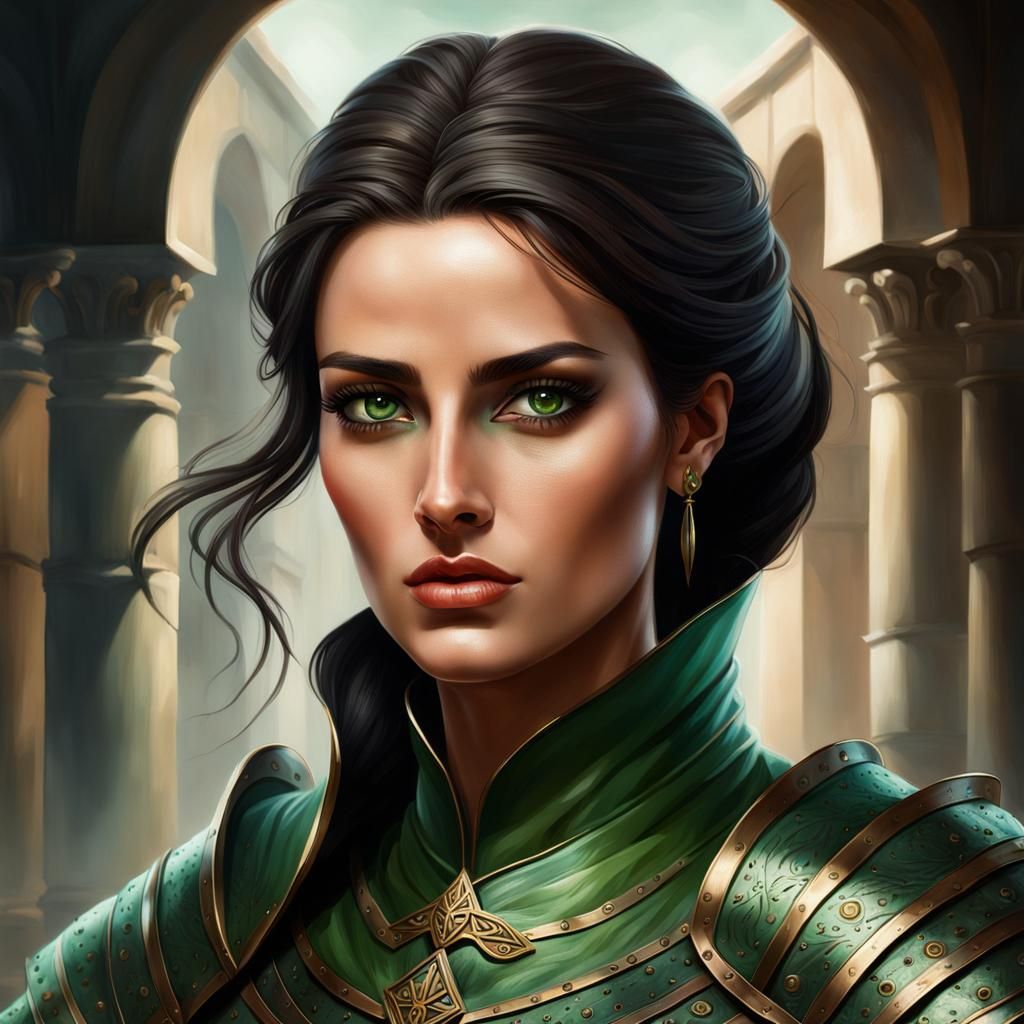 Fantasy Knight with Green Eyes in Ruined Temple