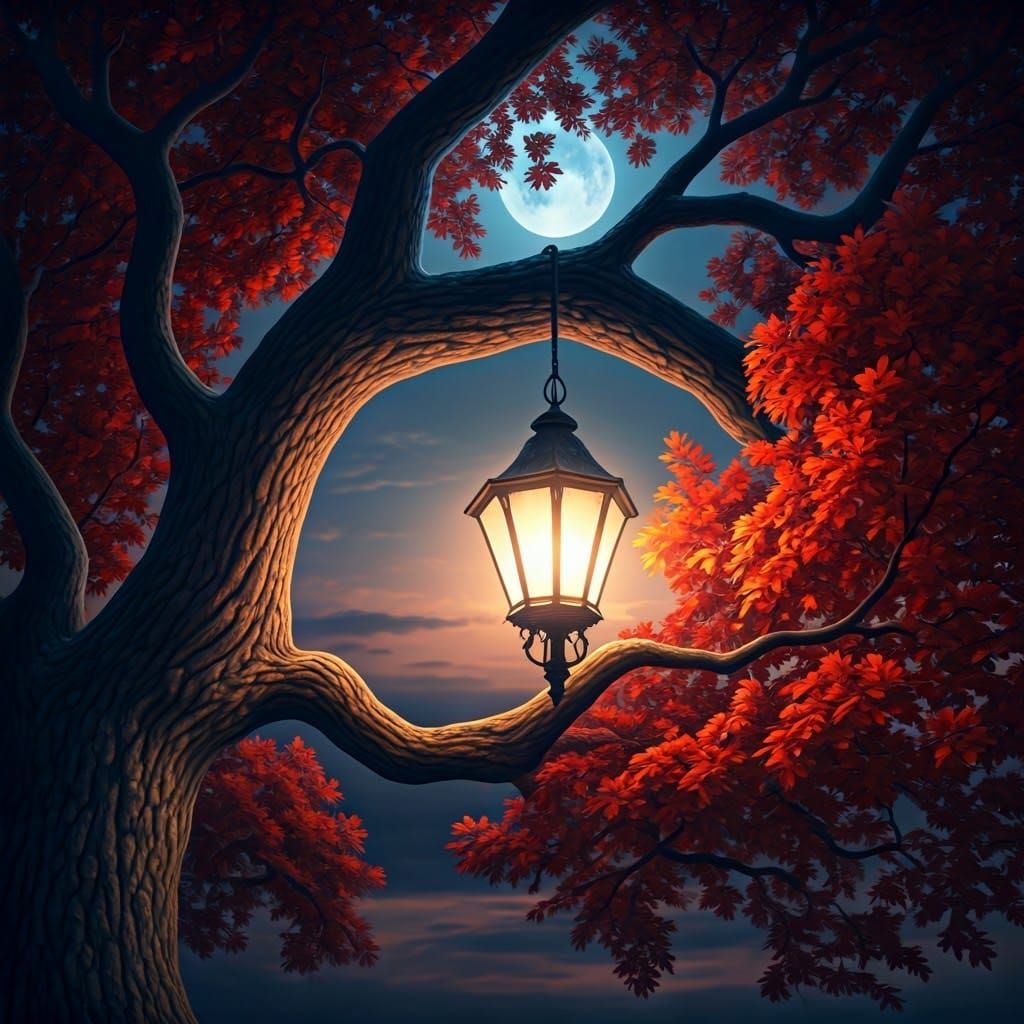 Lamp Hanging From Oak Tree with Blue Moon