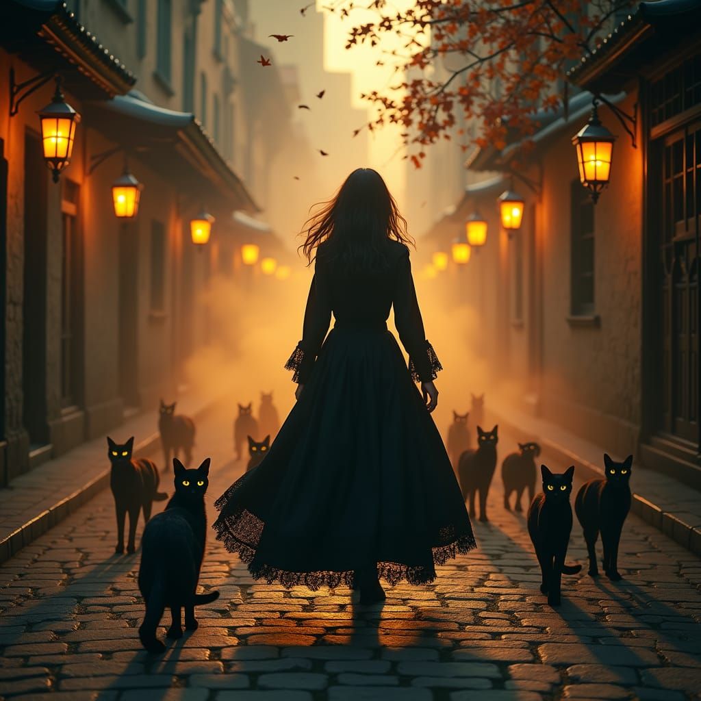 Mysterious Teacher Followed by Cats in Dark Fantasy Style