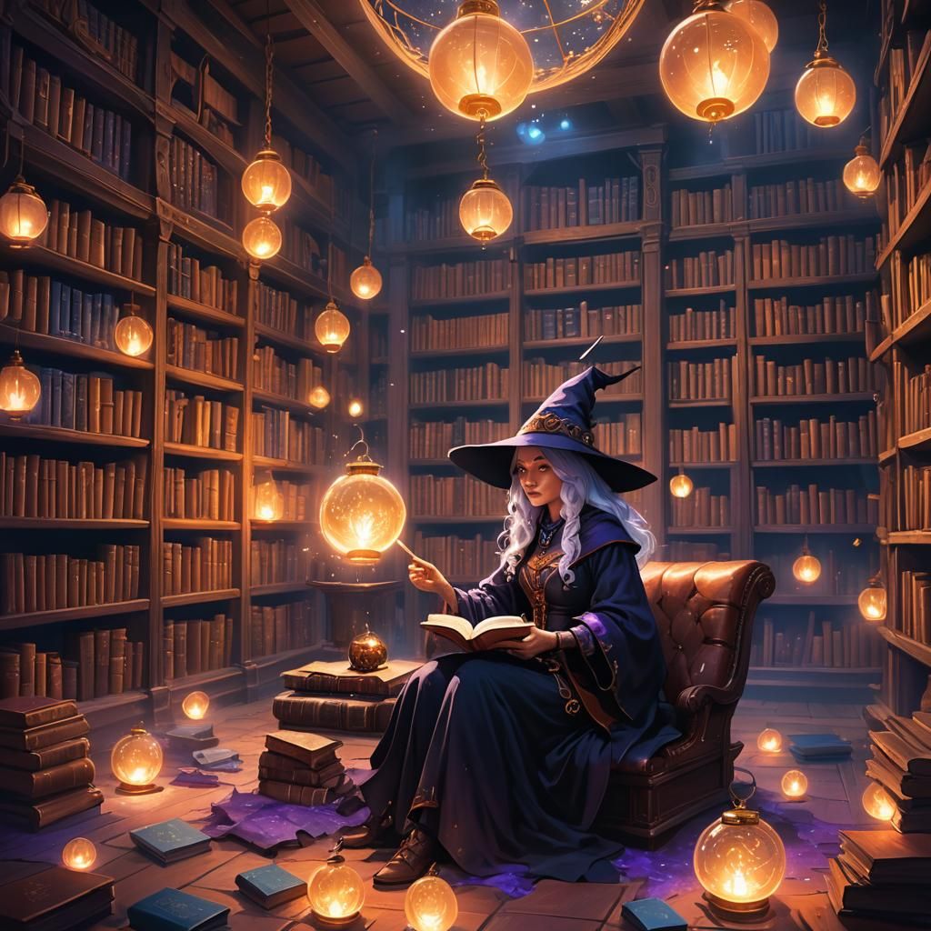 Magical Witch in Library with Glowing Book