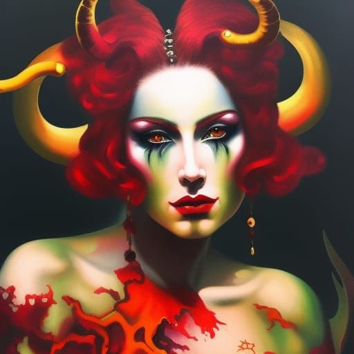 Red Demon Woman Portrait in Gouache Style