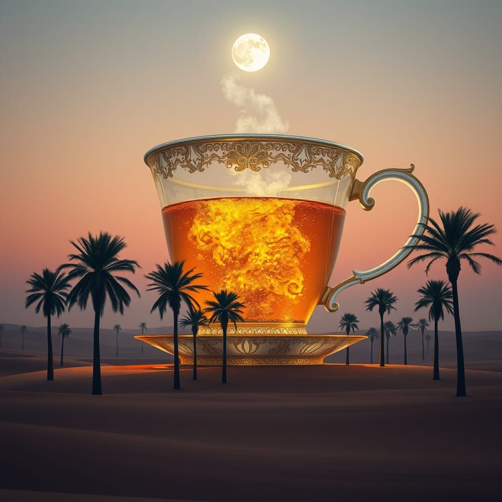 Colossal Teacup in Desert Under Moonlight