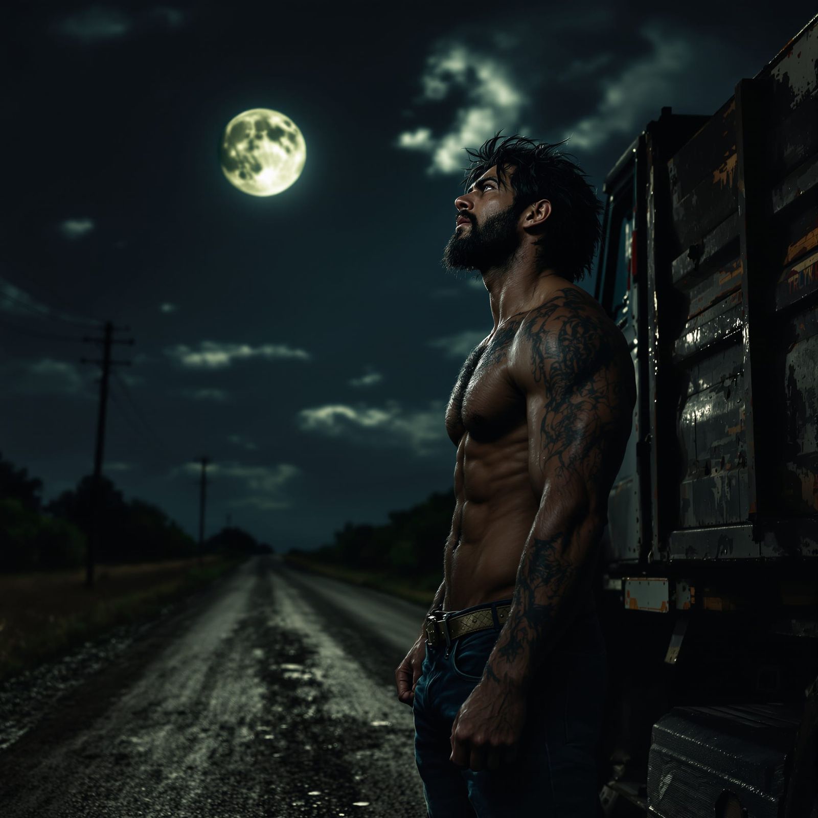Man's Anguished Full Moon Transformation Portrait