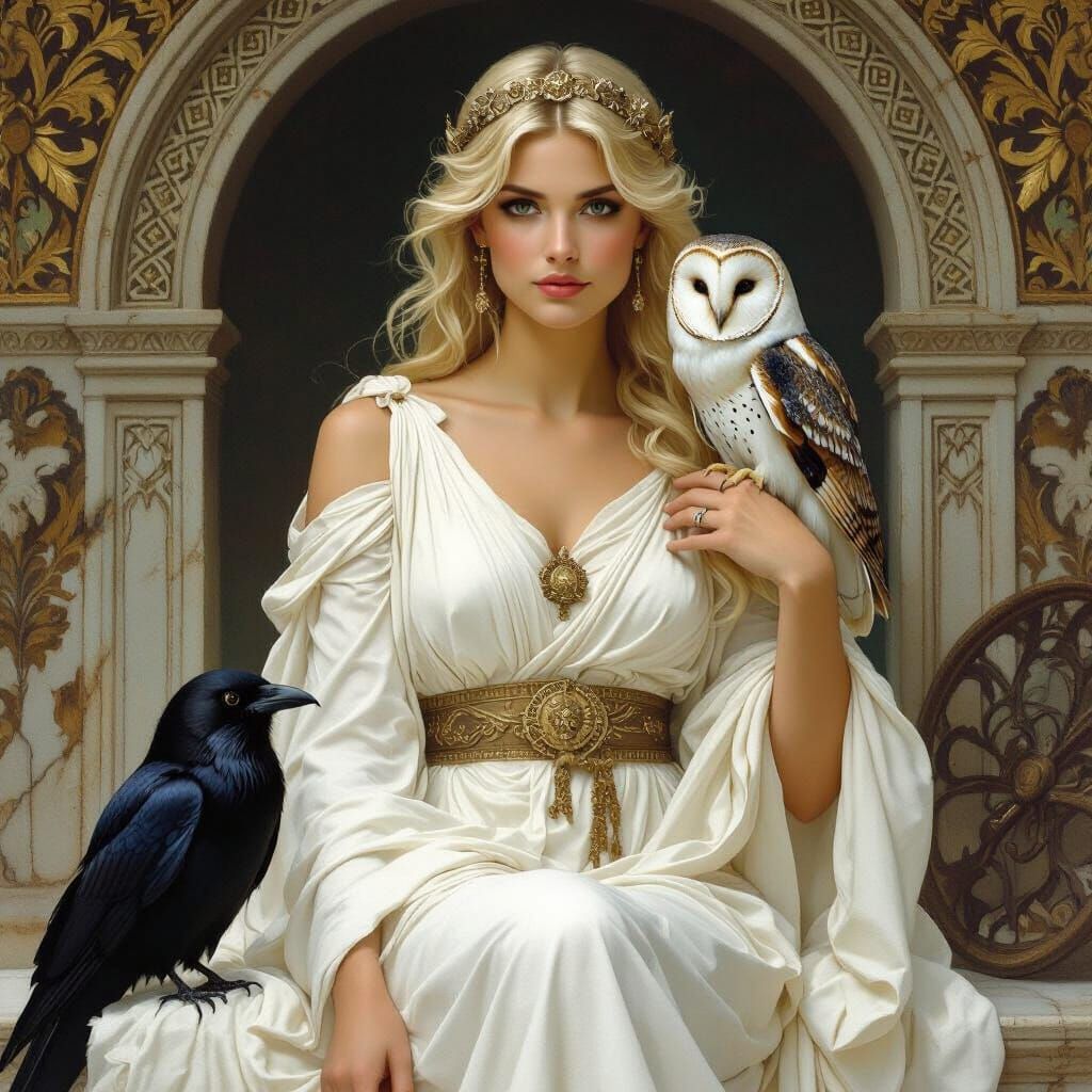 Greek Goddess with Owl and Raven in Classical Style