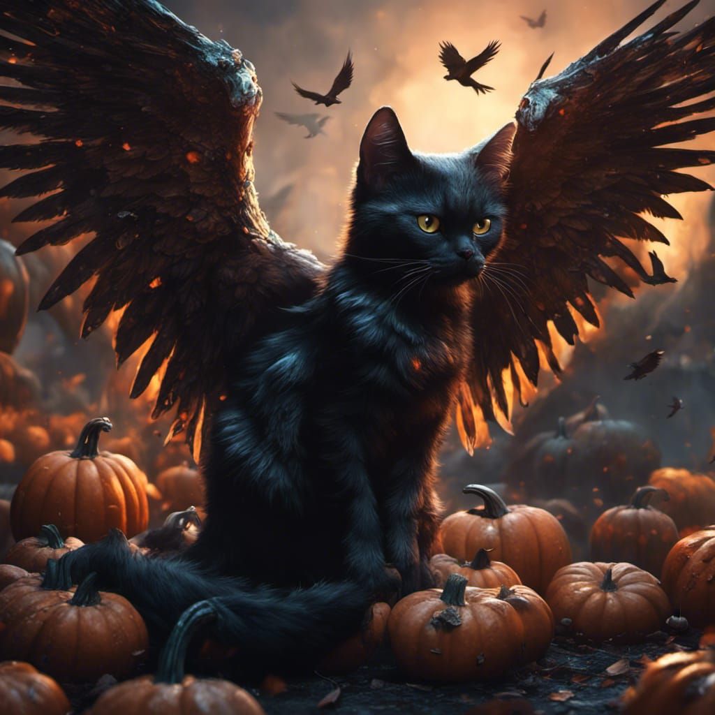 Fallen Angel Cat Boy with Pumpkin, Digital Art