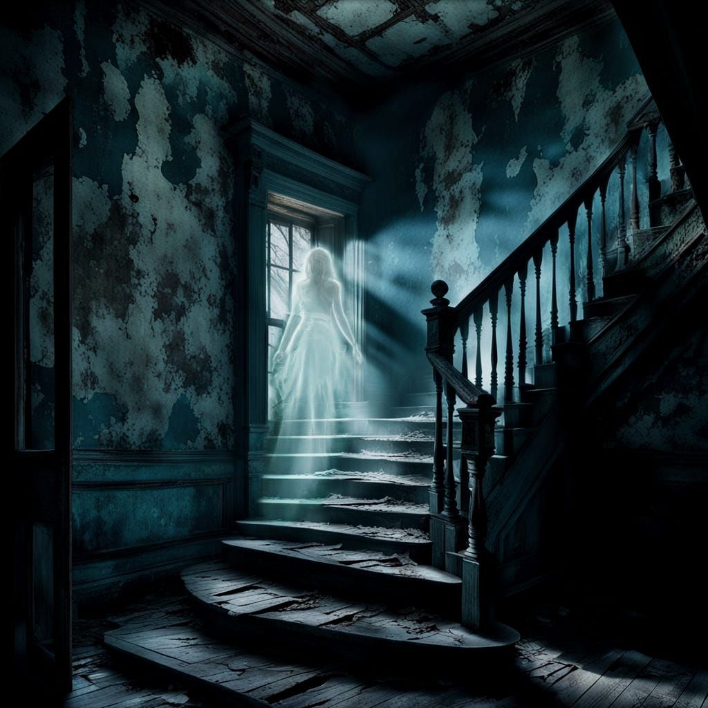 Ethereal Figure Ascends Decaying Staircase in Gothic Horror ...