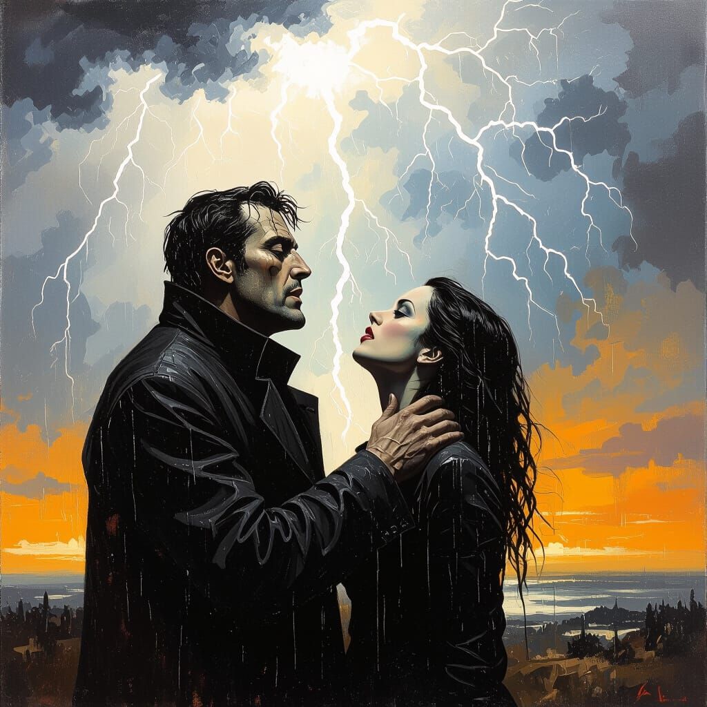 Gothic Oil Painting: Storm-Lit Embrace
