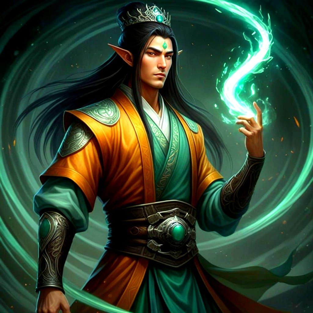 Elven Sorcerer Channels Mystical Energy in Amber and Jade Ha...