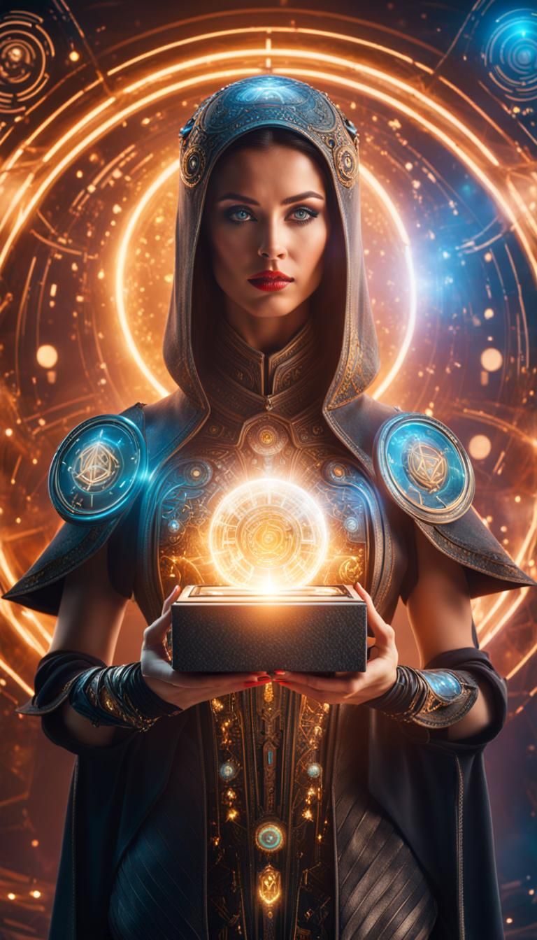 Futuristic Wizard with Pandora Box in Cyberpunk Style