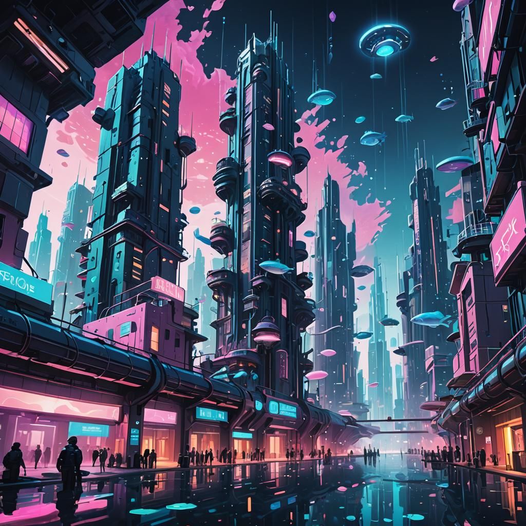 Futuristic Underwater Cityscape with Bioluminescent Neon Lig...