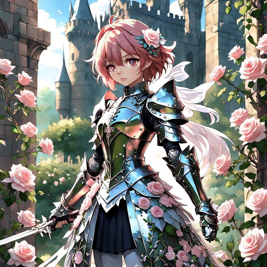 Anime Rose Knight Guarding a Rose Castle