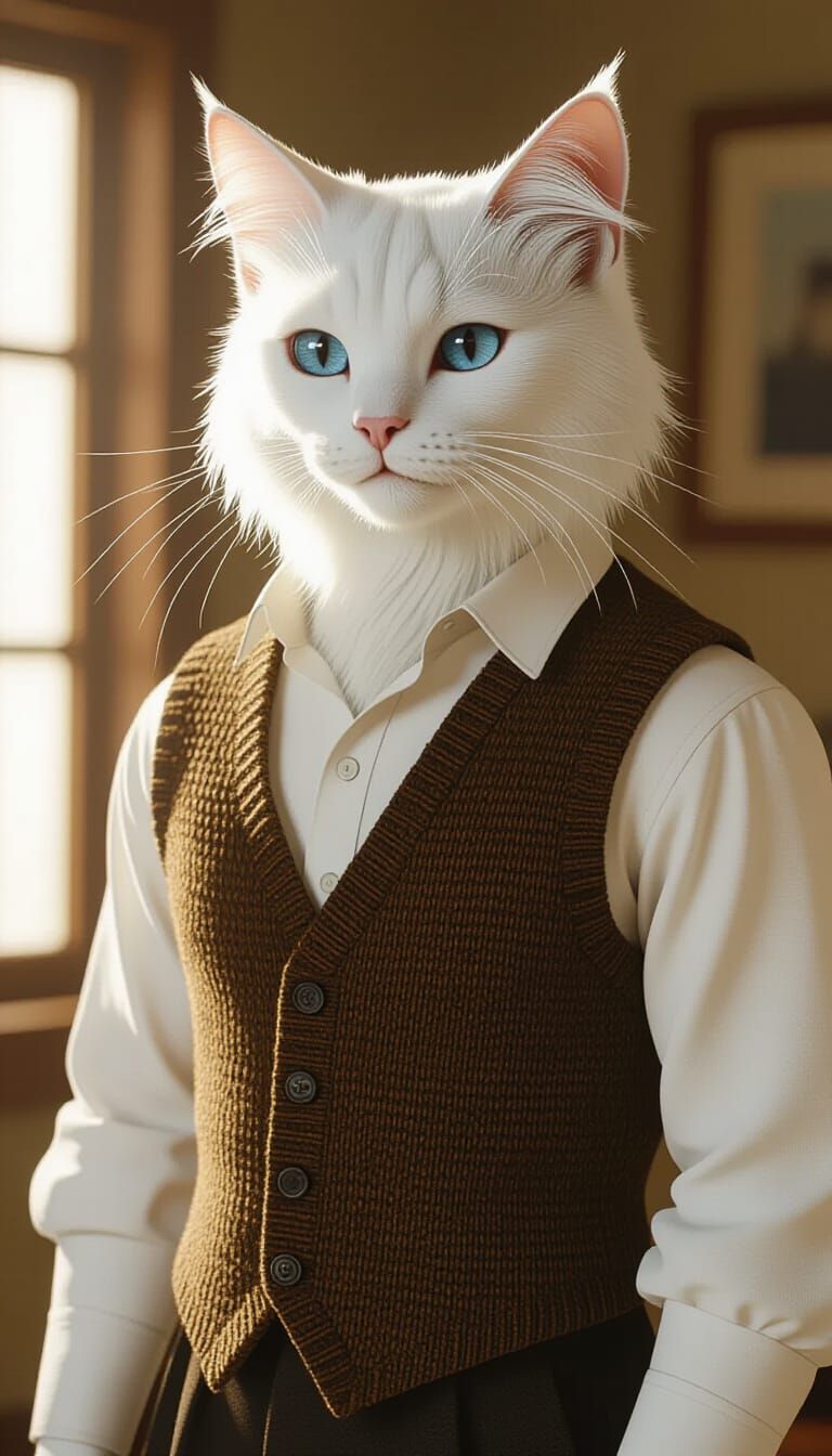 Realistic White Cat Man in Warm Indoor Setting
