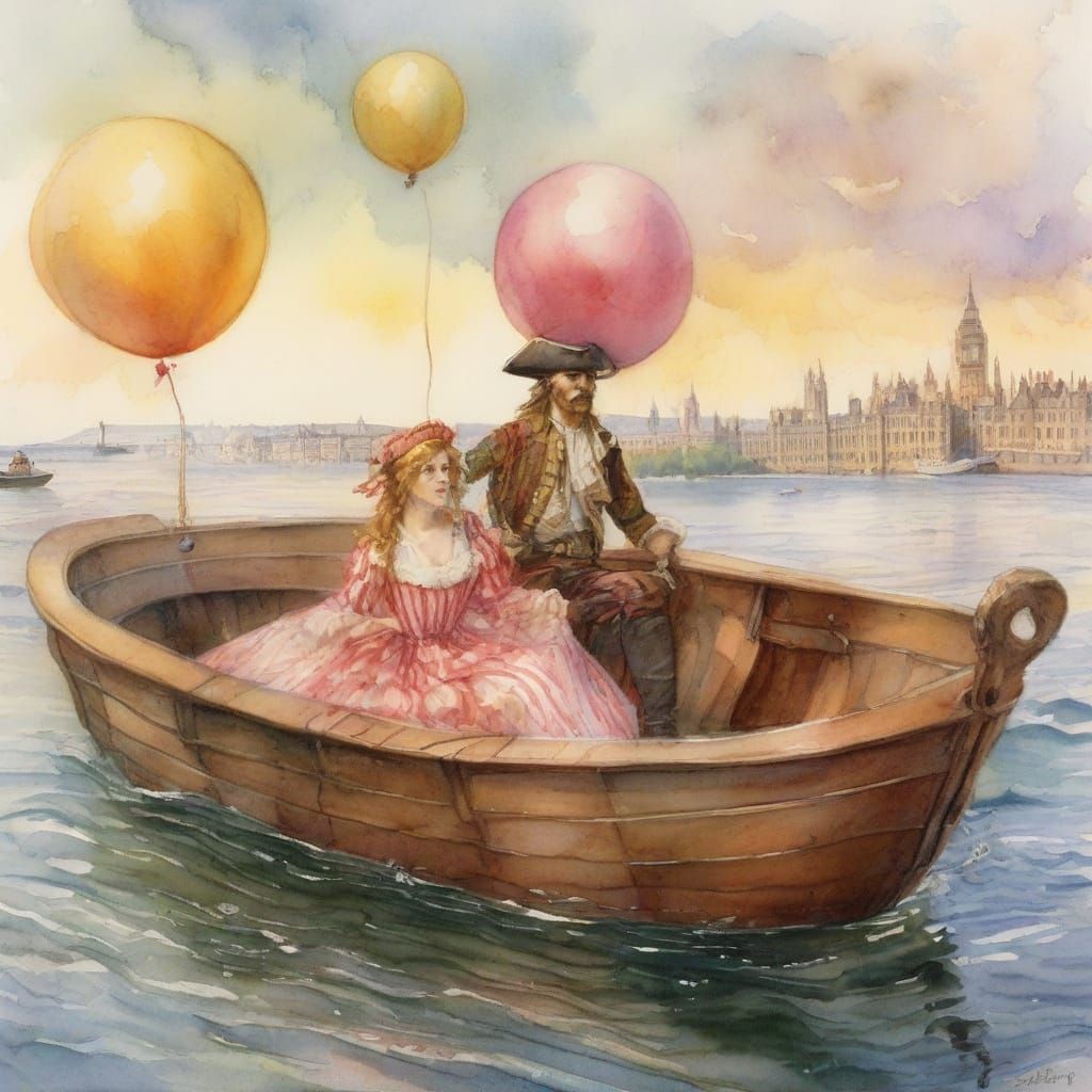 Pirate Family's London Balloon Voyage: Surreal Watercolor