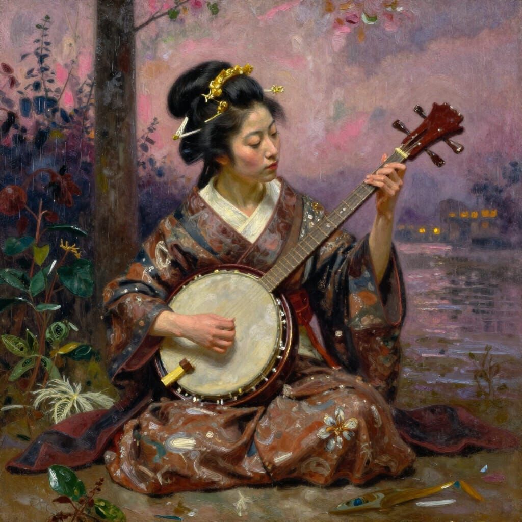 Geisha Banjo Player in Moody, Atmospheric Painting