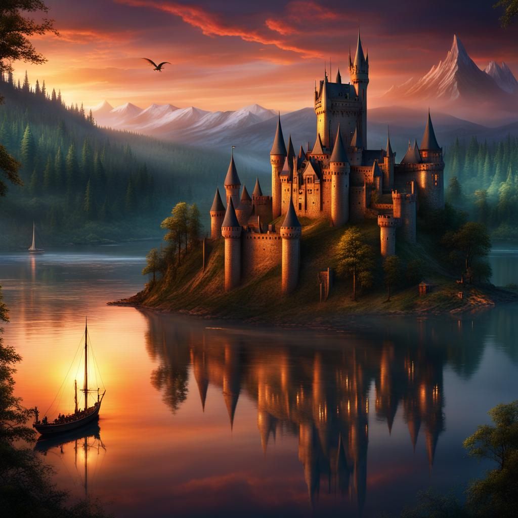 Lakeside Castle Sunset With Flying Hippogriff