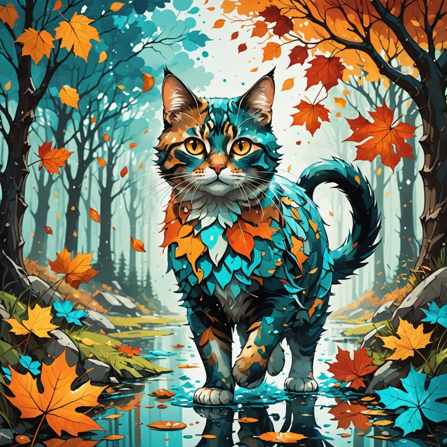 Cat Walking Through the Four Seasons in Alcohol Ink Splatter...