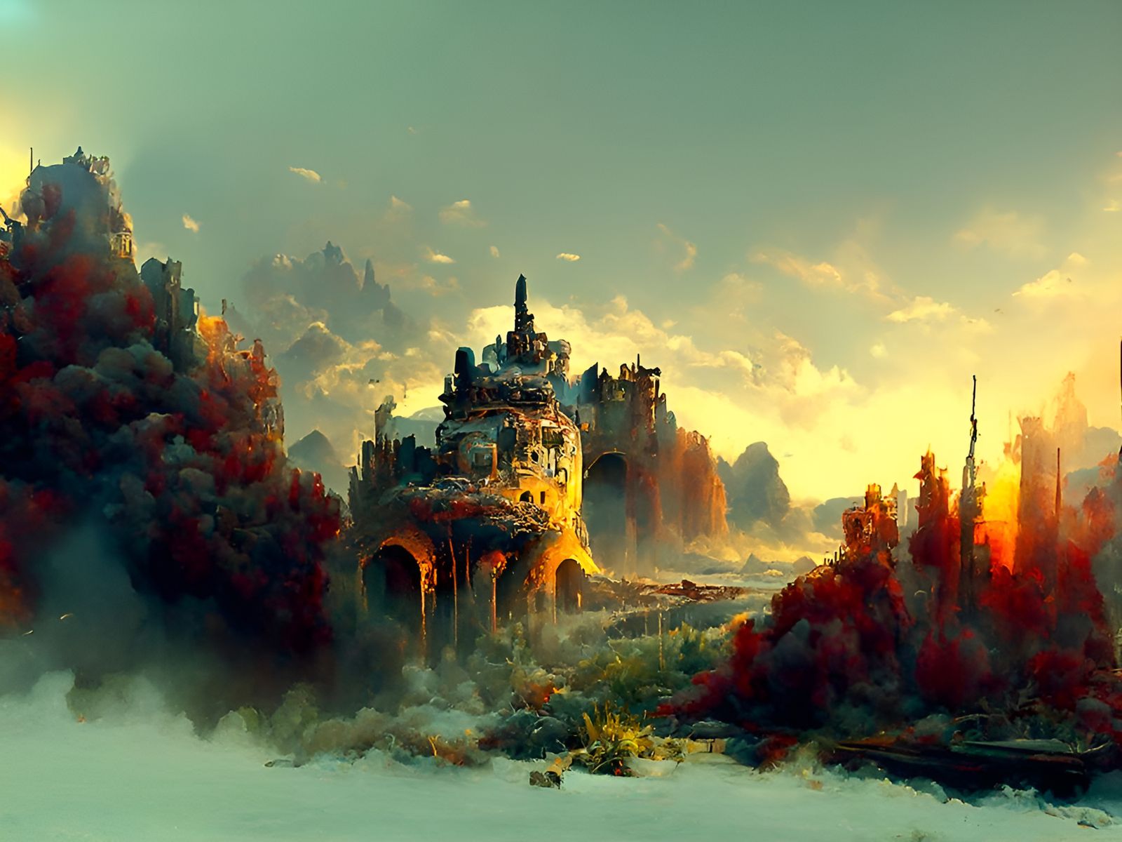 Post-Apocalyptic Castle Landscape in Hyperrealism Style