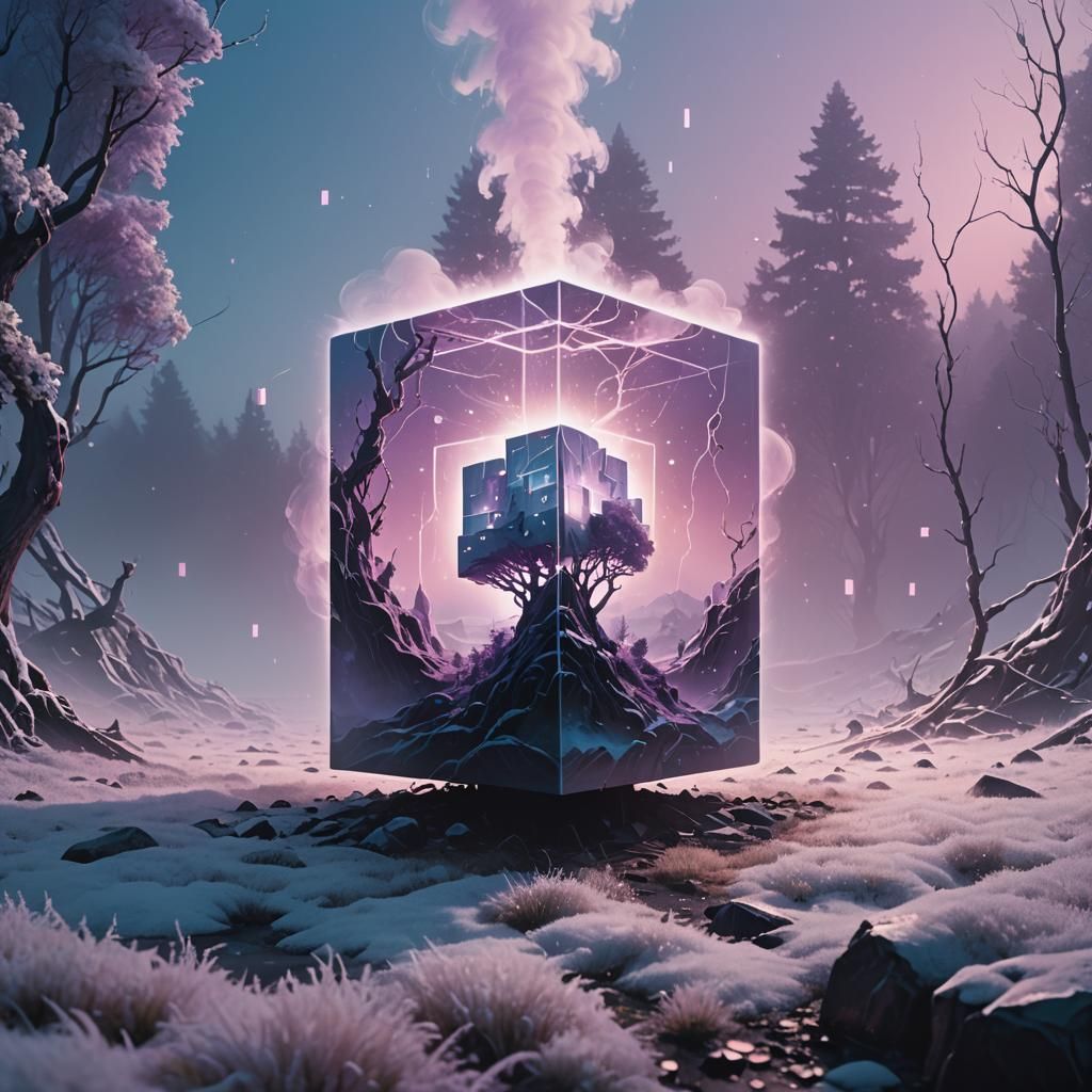 Glowing Cube in Misty Fantasy Landscape