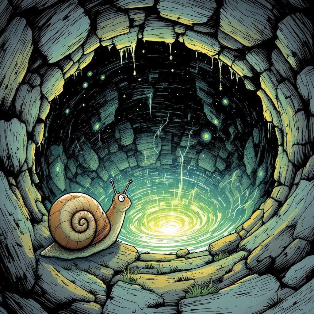Curious Snail Gazing into Magical Well