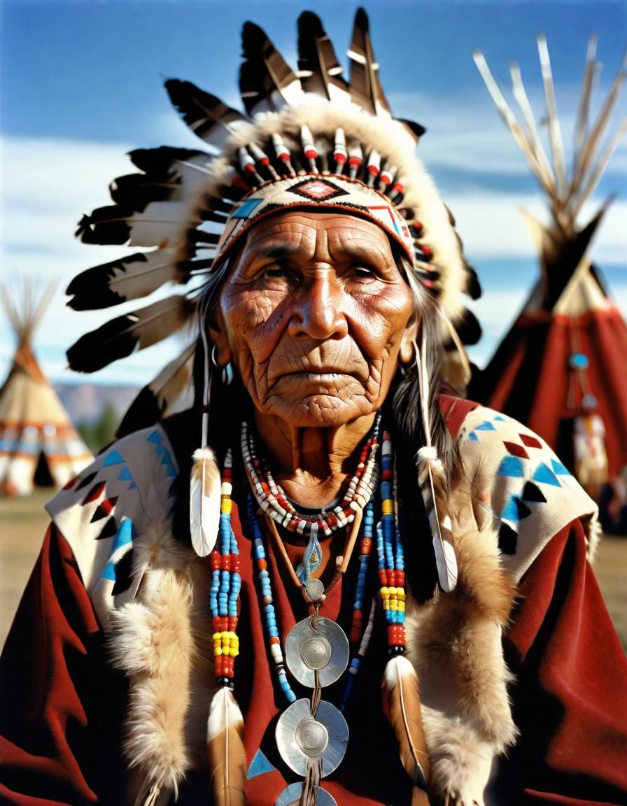 Native American Portrait in Traditional Village Scene
