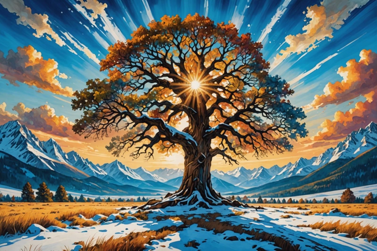 Majestic Oak Tree in Winter Landscape Painting
