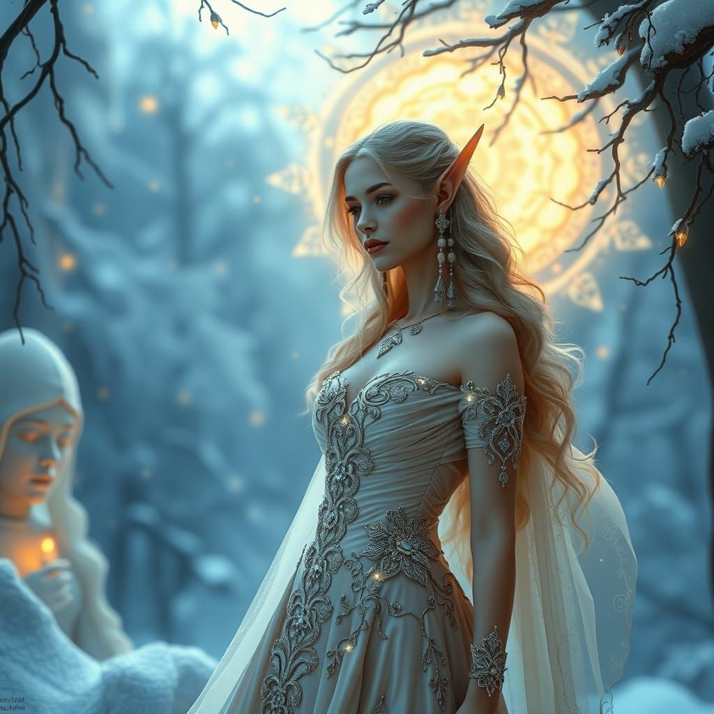 Ethereal Gown with Silver Embroidery in Art Nouveau Style