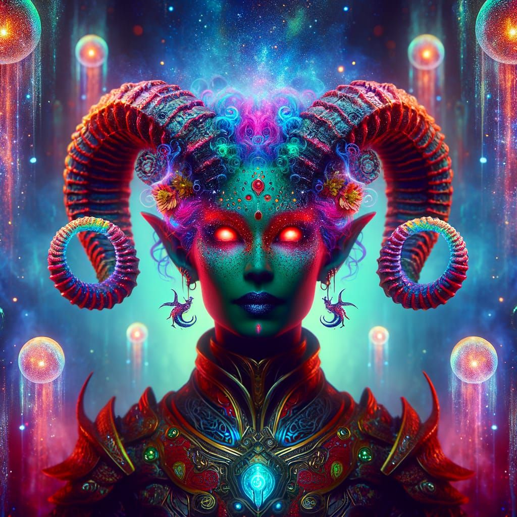 Ethereal Neon Tiefling Goddess with Radiant Aura and Dragon....