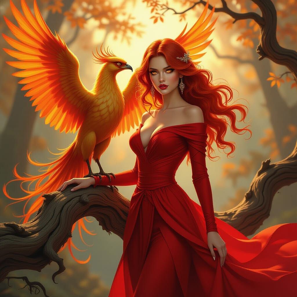 Woman in Red Dress with Phoenix in Mystical Forest