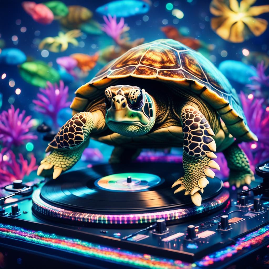 Underwater Disco Scene with DJ Turtle in Abstract Expression...