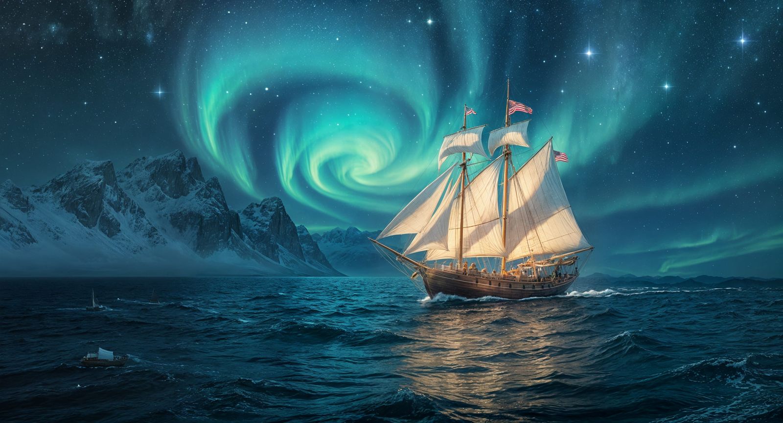 Majestic Sailboat Under Aurora Borealis in Fantasy Art Style