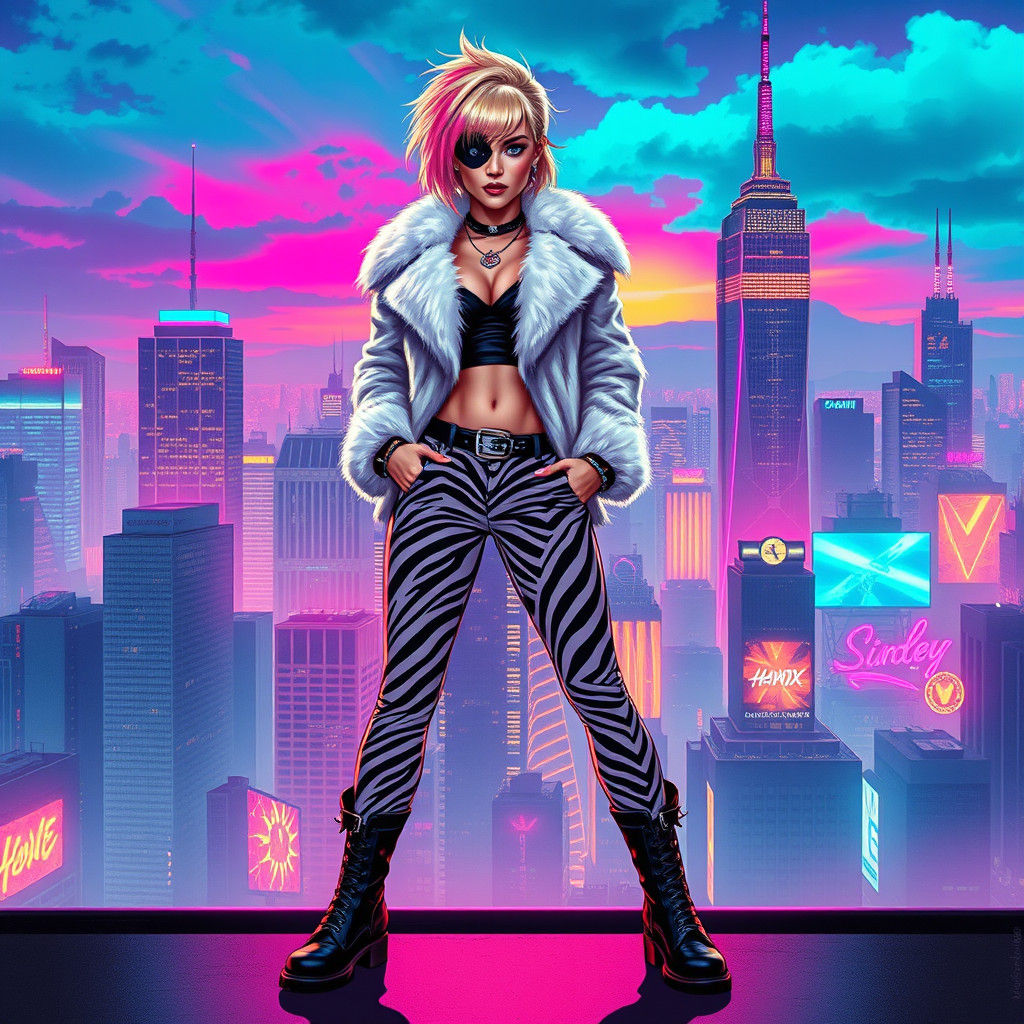 Cyberpunk Woman in Retro-Futuristic Cityscape