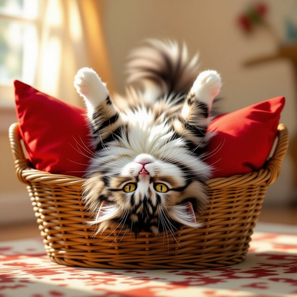 Fluffy Cat Upside Down in Basket with Red Pillow