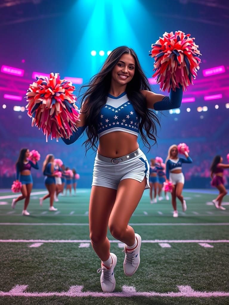 Neon Cheerleader in Futuristic Football Stadium