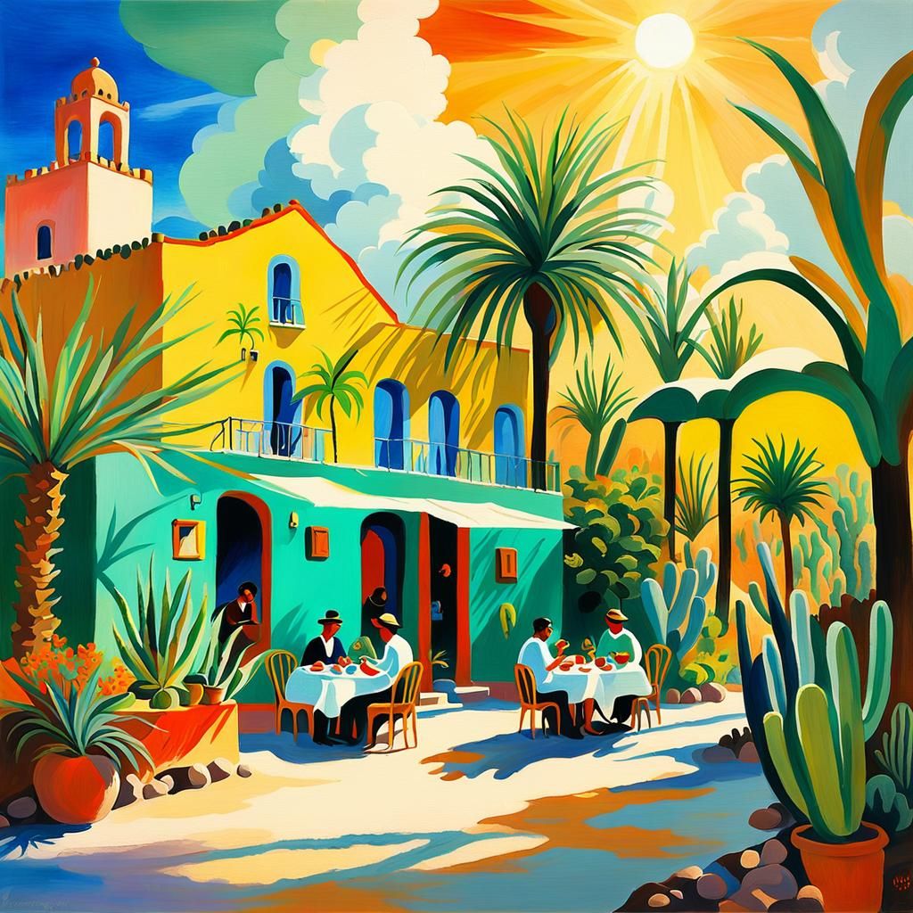 Mexican Villa Beach Lunch in Impressionist Style