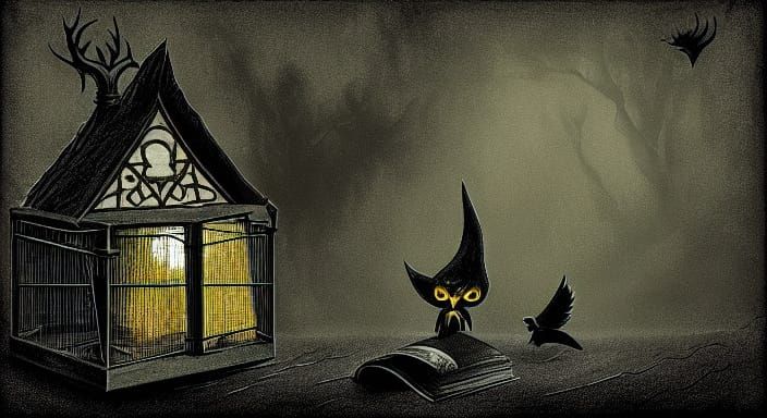 Cute Shadow Demon in Bird Cage Dark Fantasy Art