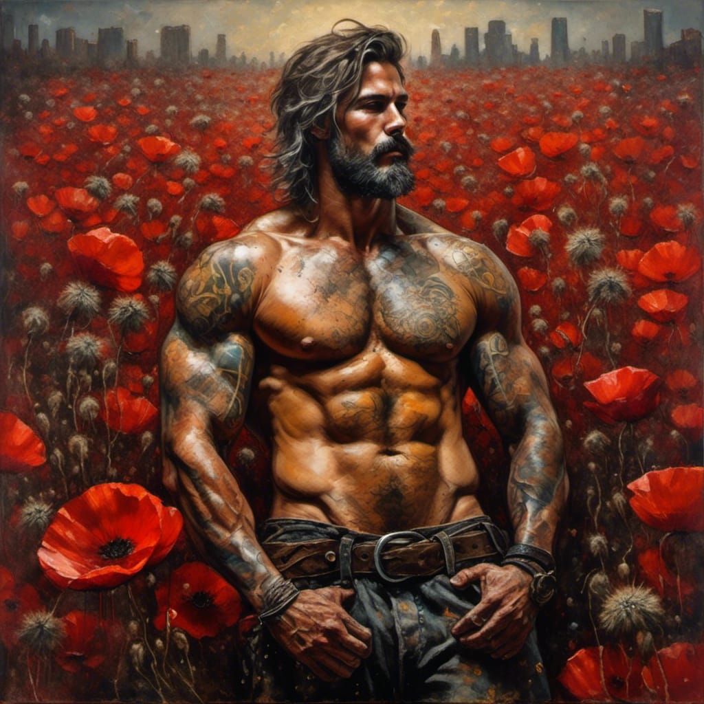 Poppy Field Warrior in a Dramatic Oil Painting