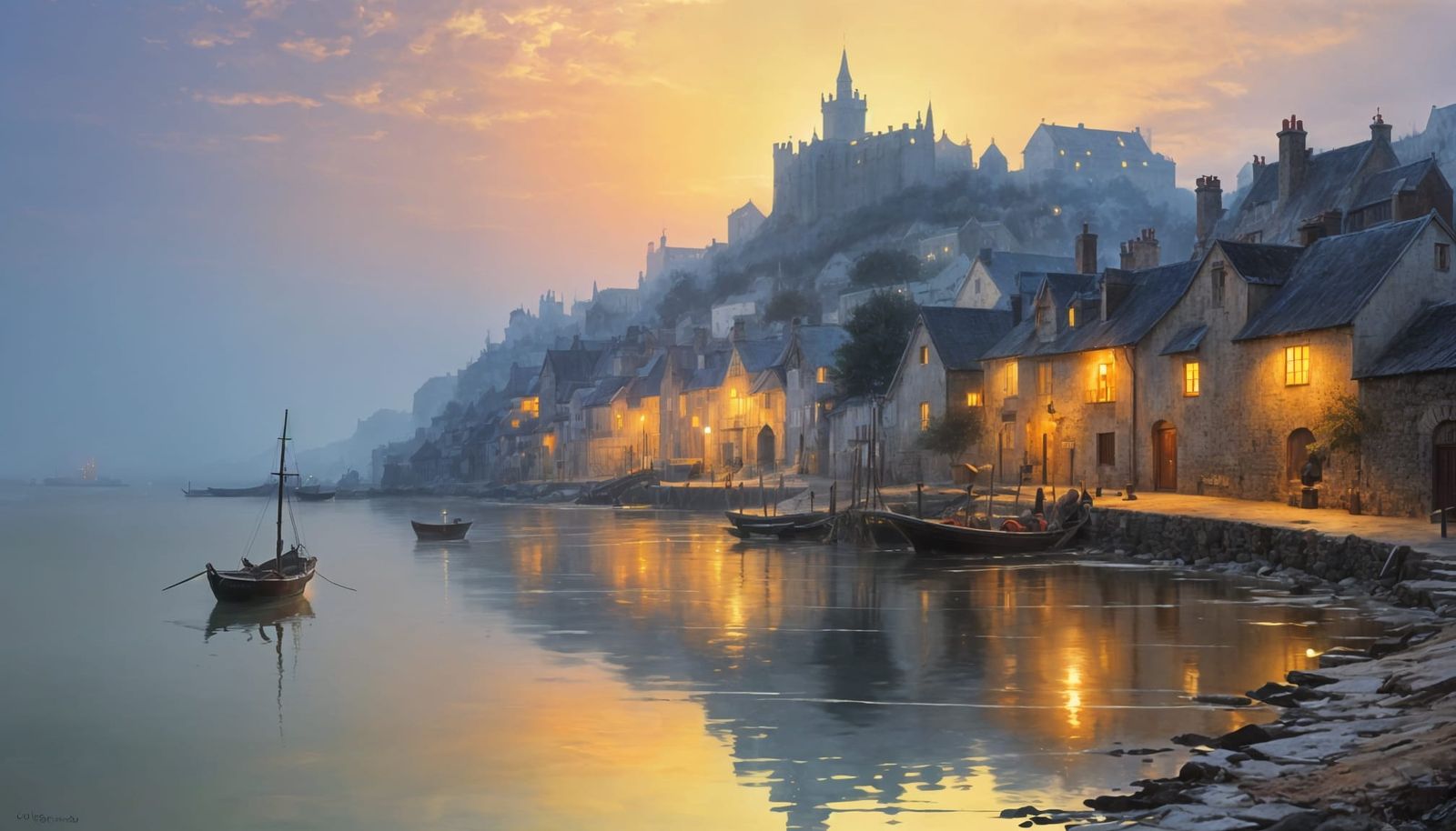 Misty Coastal Village Painting at Dawn in Impressionist Styl...