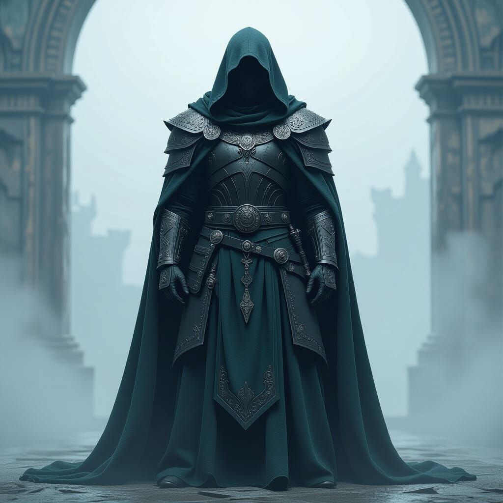 Majestic Armored Figure in Misty Landscape