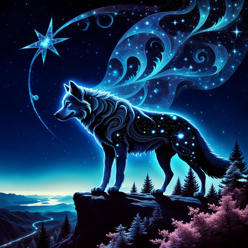 Surreal Bioluminescent Lupus Constellation on Fractal Wolf