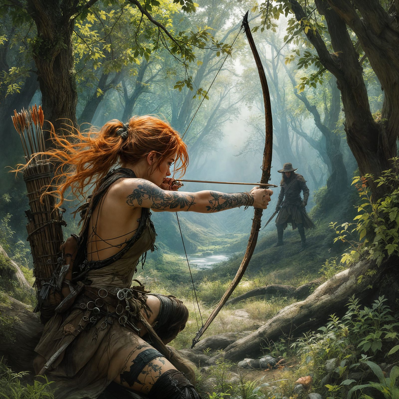 Female Adventurer Aims Bow in Forest, Royo Style