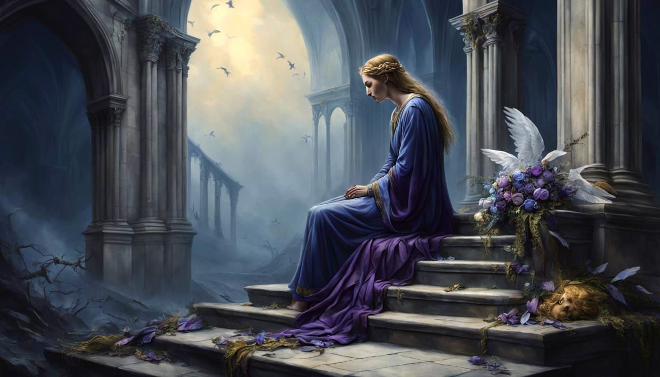 Fallen Angel Begging Forgiveness on Gothic Staircase