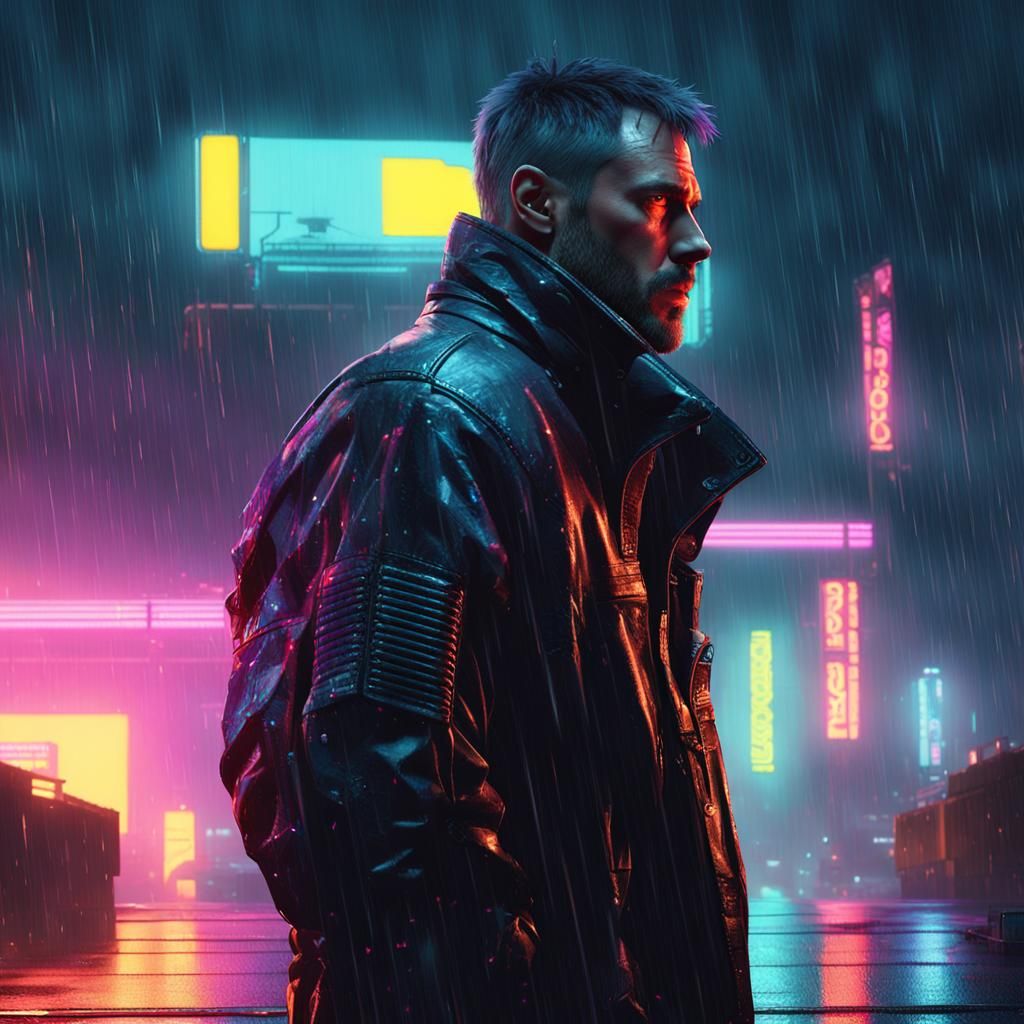 Cyberpunk Cityscape with Hologram in Rainy Dystopia