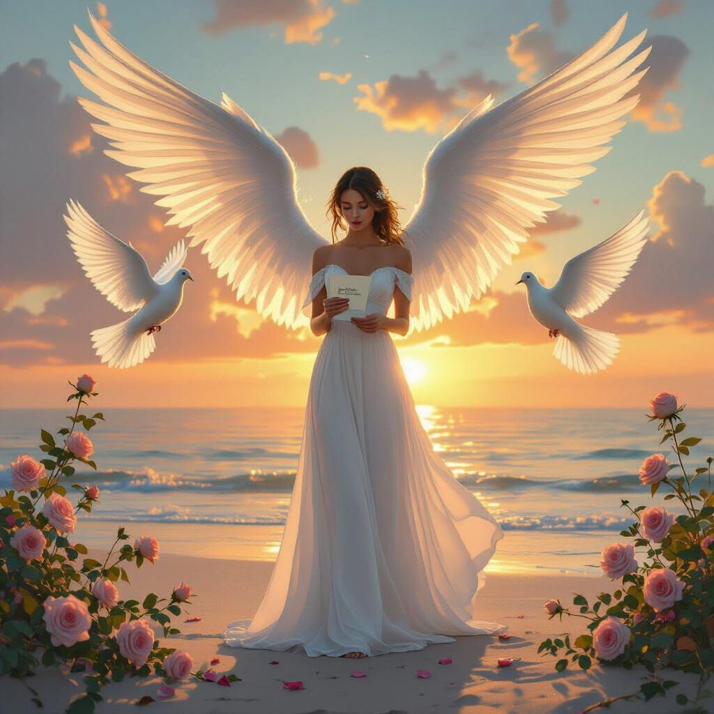 Angelic Sunrise with Doves and Roses