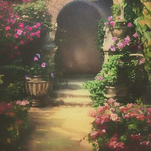 A richly detailed watercolor painting of a whimsical of a beatiful french garden circa 1860