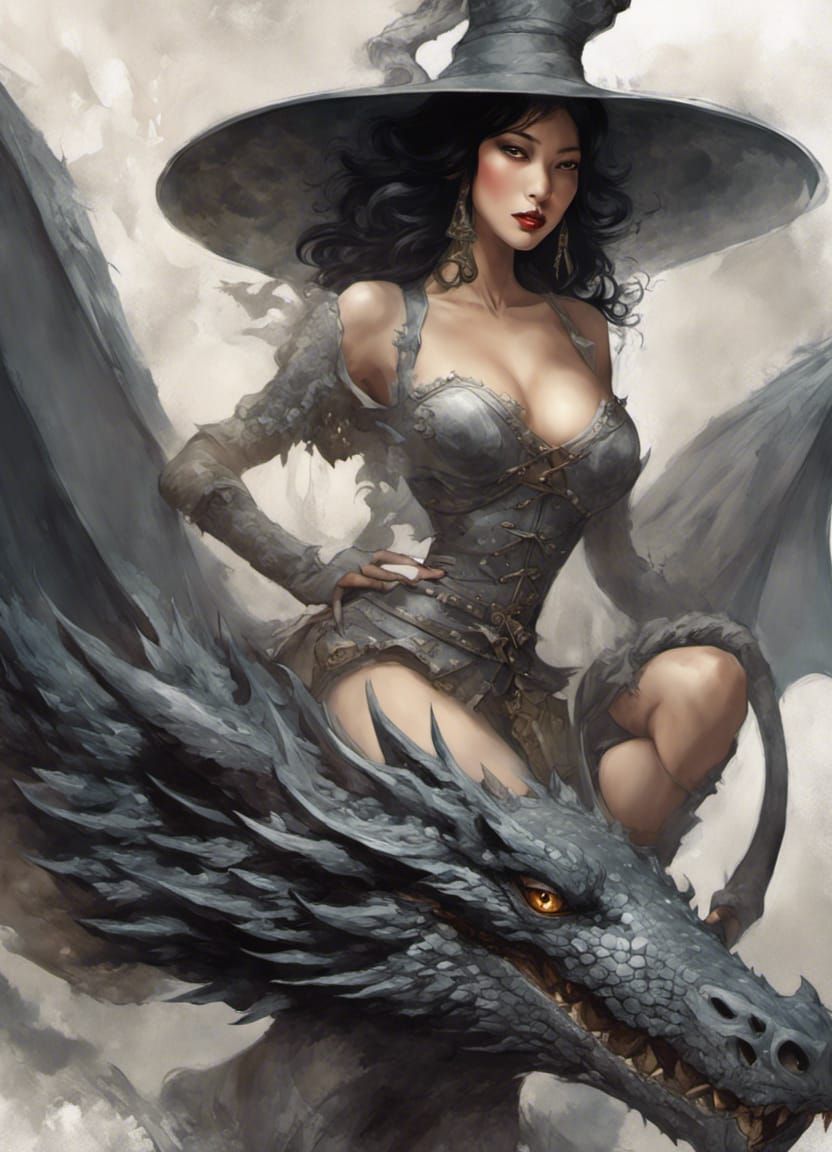 Dragon-Riding Asian Witch in Pin-Up Style