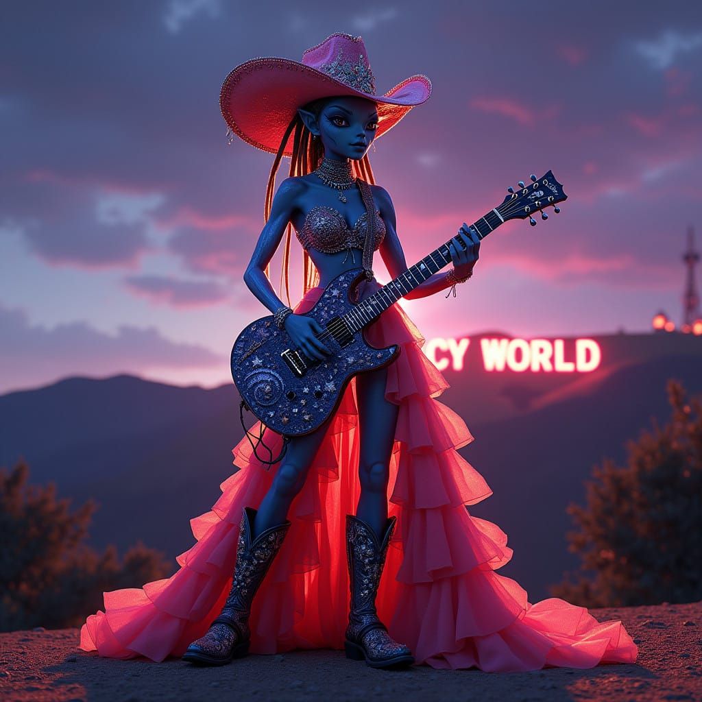 Glam Rock Alien Shredding Guitar Under Hollywood Sign